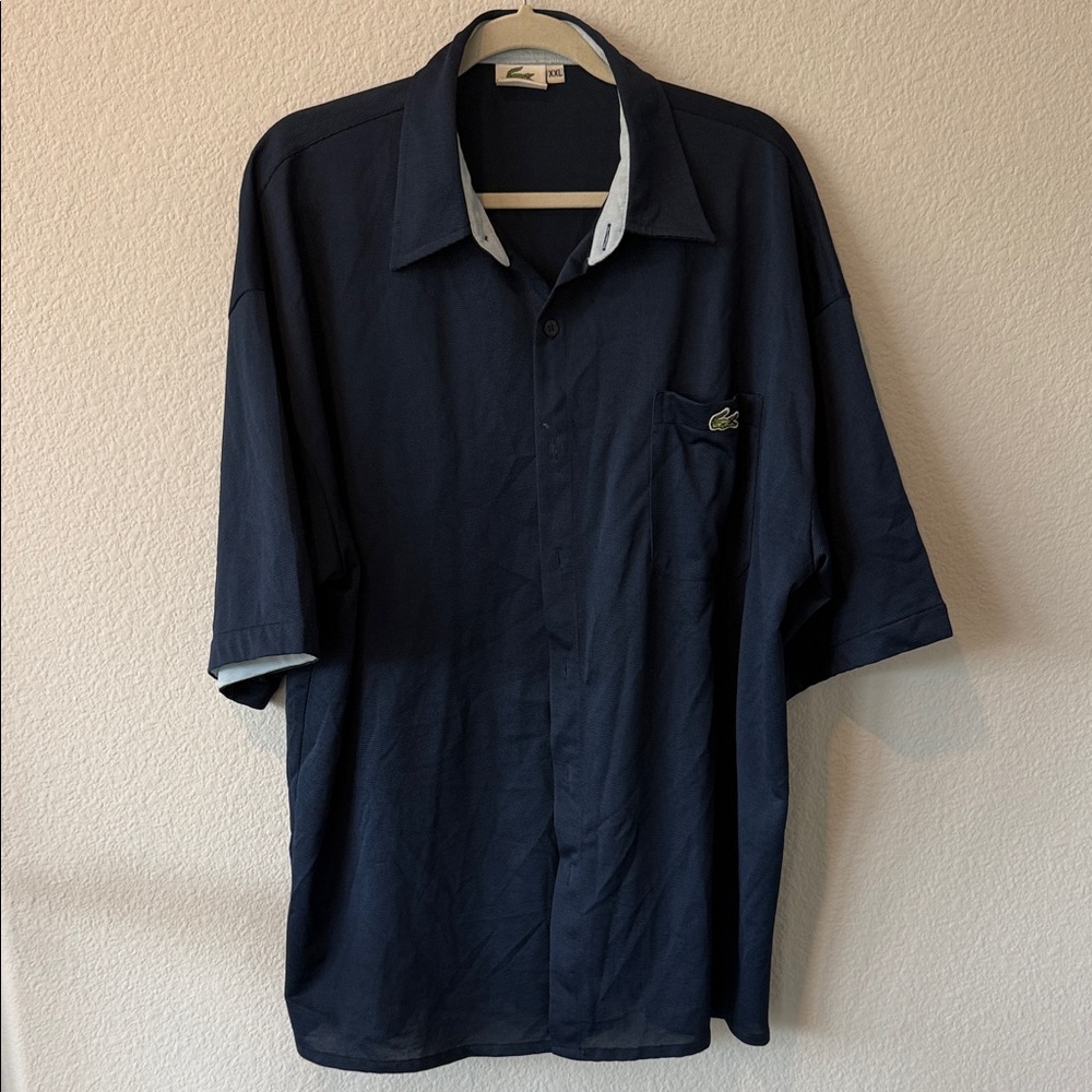 Lacoste men’s XXL Navy Short Sleeve Casual Button-Down Shirt with Contrast Trim